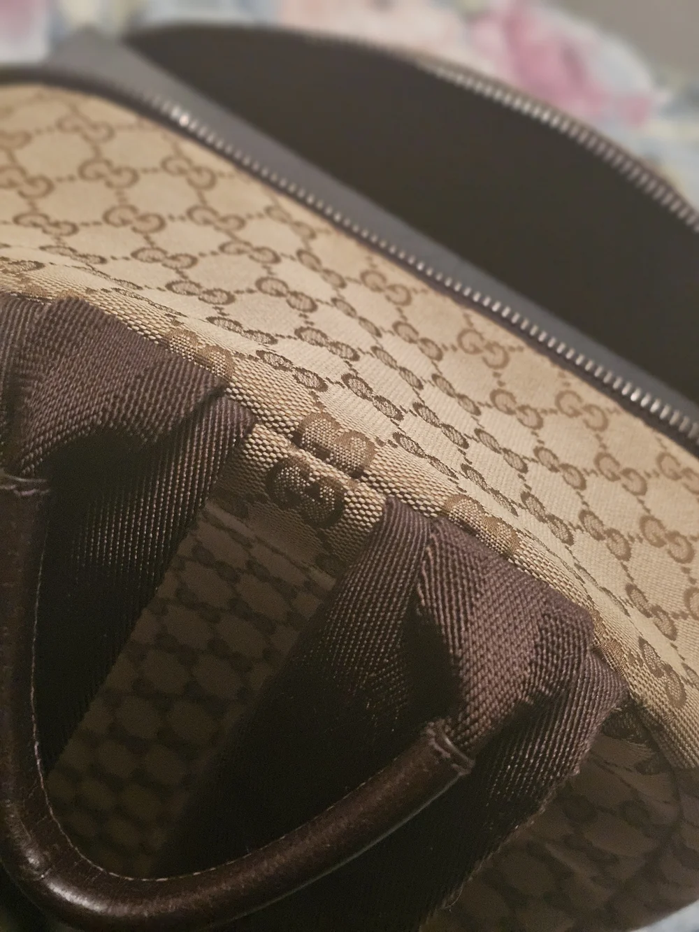 Gucci Beige GG Canvas Backpack with Green and Red Stripe